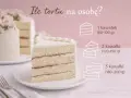 Elegancki tort na 30 osób, z różowymi kwiatami, pokrojony na porcje. Obok grafika z sugerowaną wielkością kawałków.
