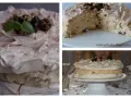 Puszysty tort dakłas z orzechami i śliwkami, udekorowany miętą.