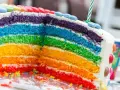 Kolorowy tort tęczowy z warstwami ciasta w kolorach tęczy, ozdobiony cukierkami i świeczką.