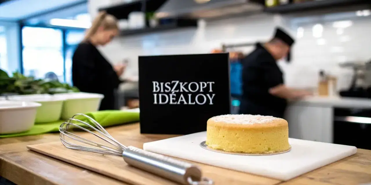 Idealny biszkopt maślany, gotowy do dekoracji. Obok trzepaczka i czarna tabliczka z napisem "BISZKOPT IDEALOY".