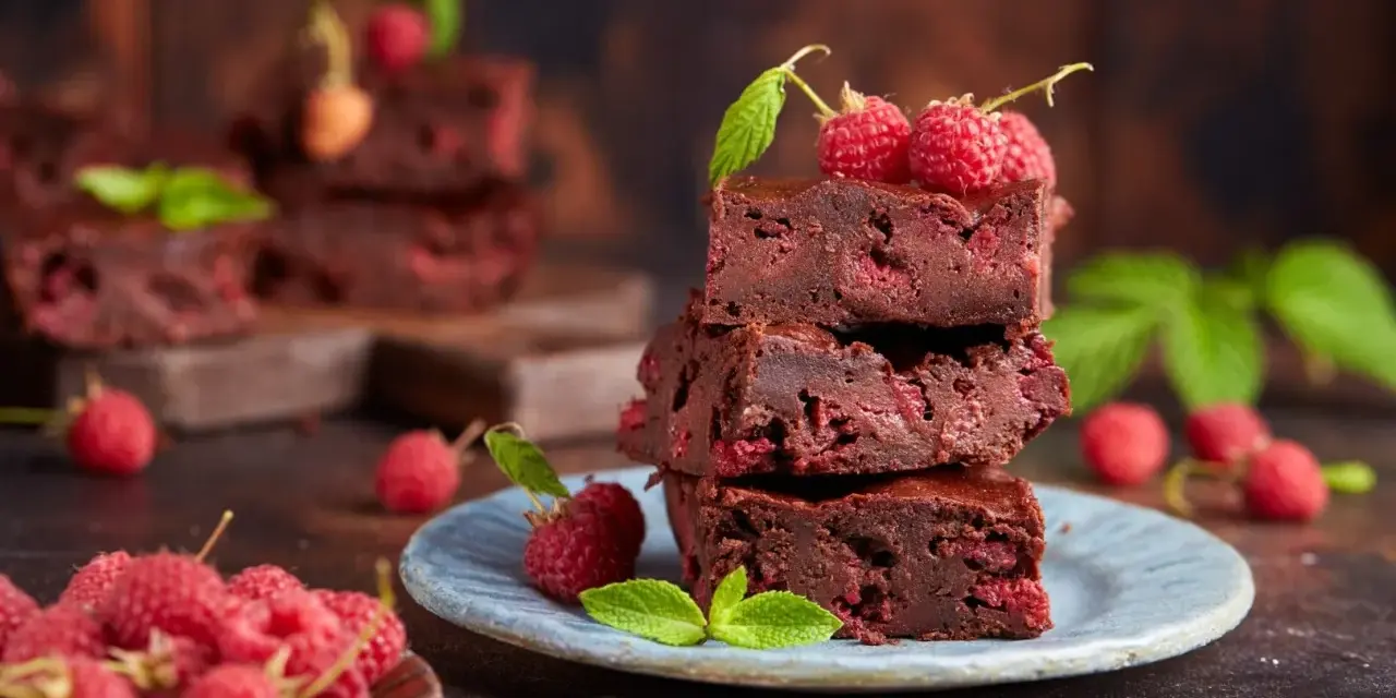 Stos pysznych brownie z malinami, ozdobiony świeżymi malinami i listkami mięty.
