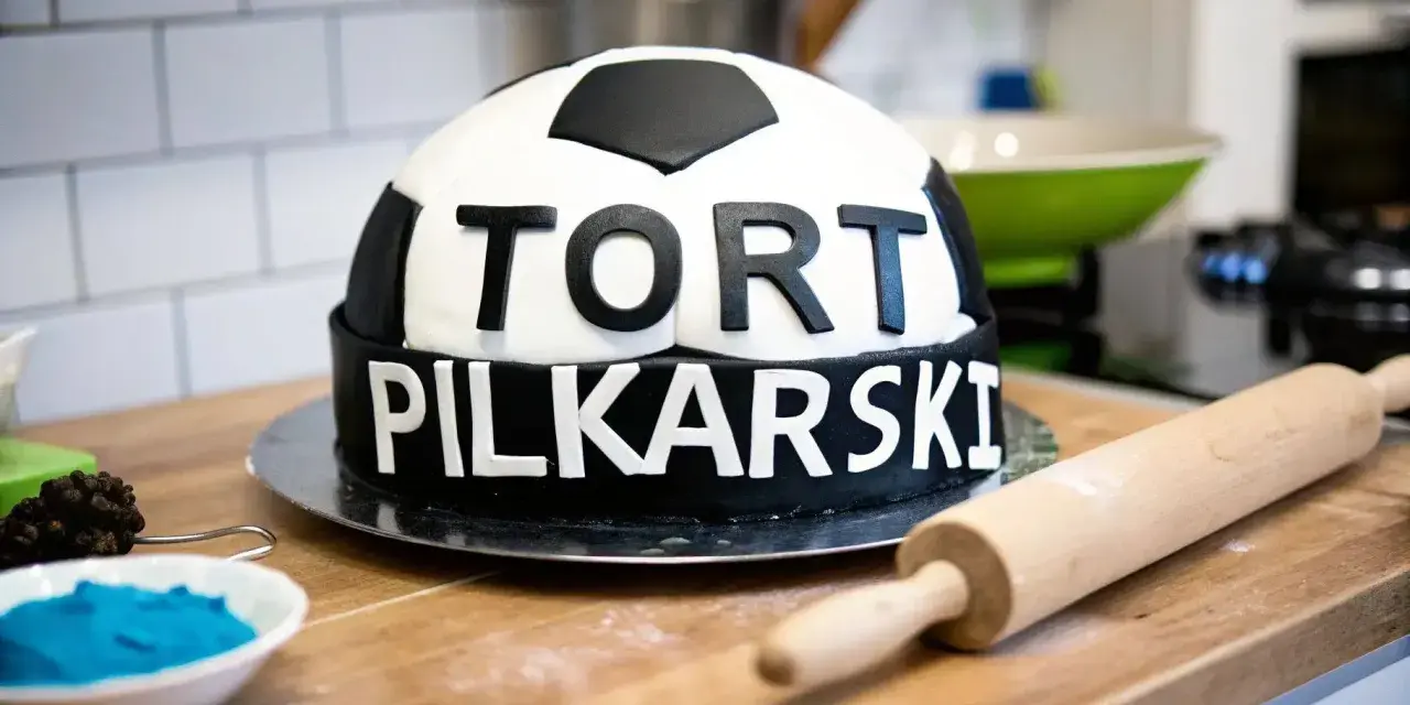 Jak zrobić piłkę z masy cukrowej? Tort w kształcie piłki nożnej z napisem "TORT PIŁKARSKI" na blacie kuchennym, obok wałek i miseczka z niebieską masą.