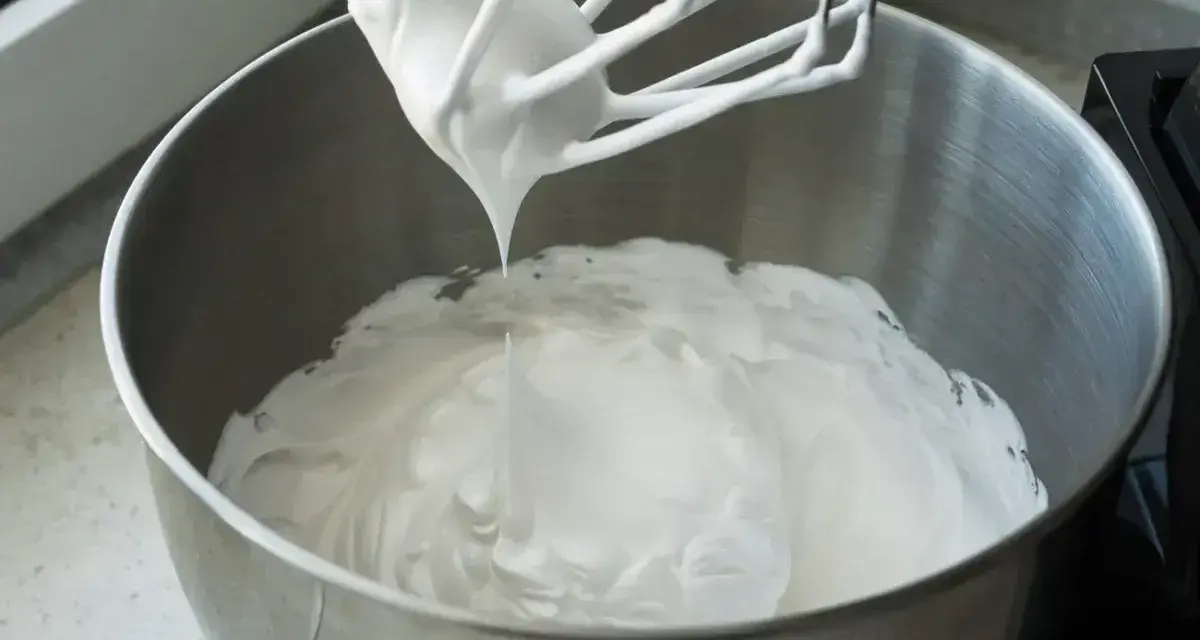 Ubita śmietana z mascarpone, idealne proporcje dla puszystego kremu. Mikser z białą masą w metalowej misie.