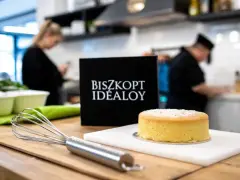 Idealny biszkopt maślany, gotowy do dekoracji. Obok trzepaczka i czarna tabliczka z napisem "BISZKOPT IDEALOY".