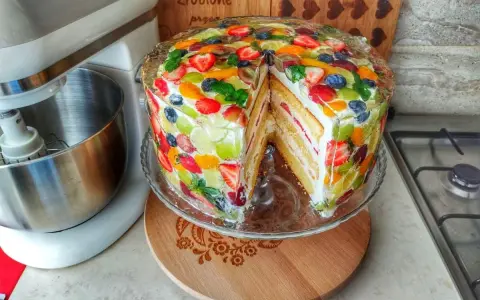 Kolorowy tort z galaretką i owocami, z kawałkiem wyciętym, prezentuje się apetycznie.