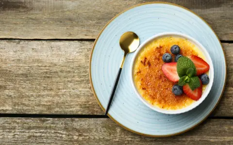 Idealny creme brulee przepis na deser. Karmelizowana skórka, świeże owoce i złota łyżeczka.