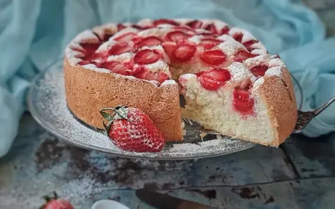 Puszysty biszkopt z truskawkami, posypany cukrem pudrem, kusi apetycznym wyglądem. Idealny na letnie popołudnie.
