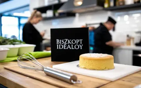 Idealny biszkopt maślany, gotowy do dekoracji. Obok trzepaczka i czarna tabliczka z napisem "BISZKOPT IDEALOY".