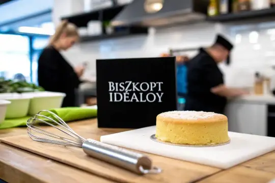 Idealny biszkopt maślany, gotowy do dekoracji. Obok trzepaczka i czarna tabliczka z napisem "BISZKOPT IDEALOY".