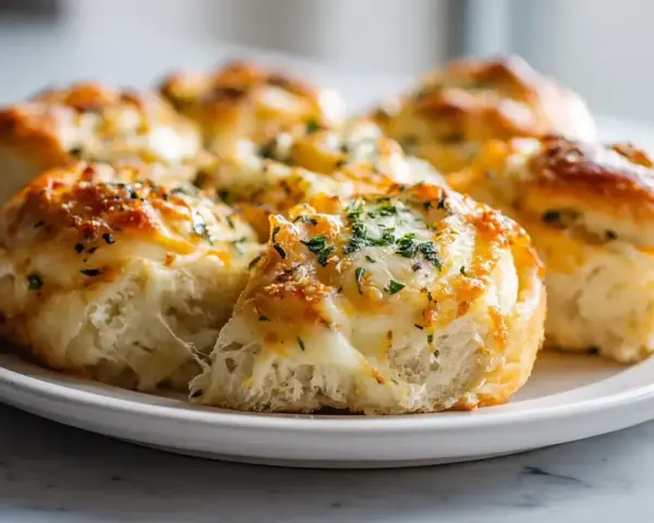 Puszyste bułki z airfryer, z ciągnącym się serem i ziołami, wyglądają apetycznie.