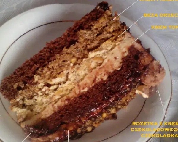 Kawałek tortu toffifee z kremem toffi, bezą orzechową i czekoladą.