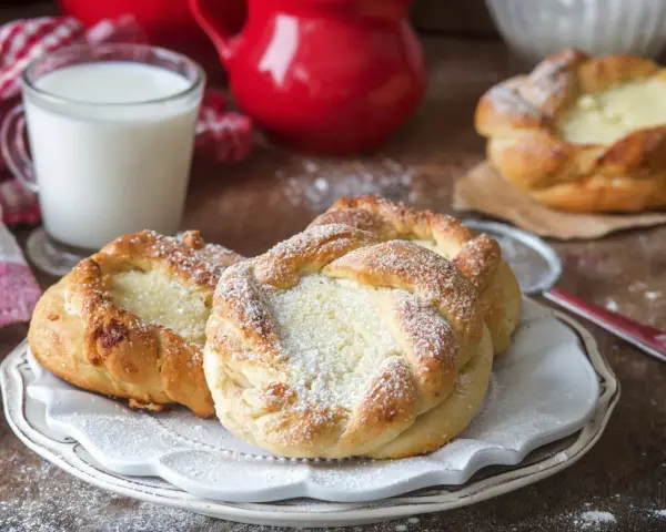 Puszyste drożdżówki z serem, posypane cukrem pudrem, obok szklanka mleka i czerwone dzbanki.