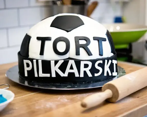 Jak zrobić piłkę z masy cukrowej? Tort w kształcie piłki nożnej z napisem "TORT PIŁKARSKI" na blacie kuchennym, obok wałek i miseczka z niebieską masą.
