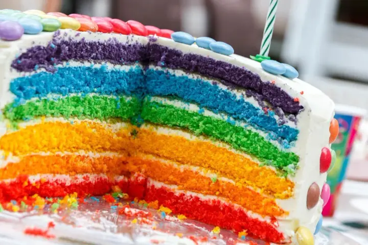Kolorowy tort tęczowy z warstwami ciasta w kolorach tęczy, ozdobiony cukierkami i świeczką.