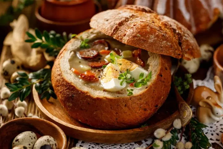 Pyszny żurek podany w wydrążonym bochenku chleba, z kiełbasą, jajkiem i ziołami. Idealny chleb do żurku na Wielkanoc.