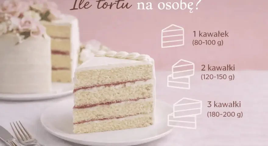 Elegancki tort na 30 osób, z różowymi kwiatami, pokrojony na porcje. Obok grafika z sugerowaną wielkością kawałków.