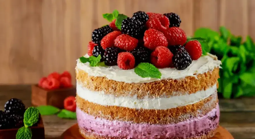 Pyszny tort z warstwami biszkoptu i kremu malinowego, ozdobiony świeżymi malinami, jeżynami i miętą.
