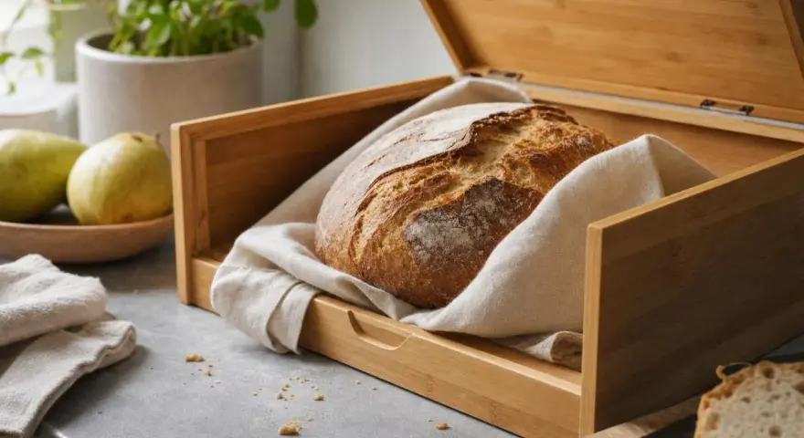 Świeży bochenek chleba w bambusowej chlebaczce, owinięty w lnianą ściereczkę. Idealny sposób, jak przechowywać chleb, by dłużej zachował świeżość.