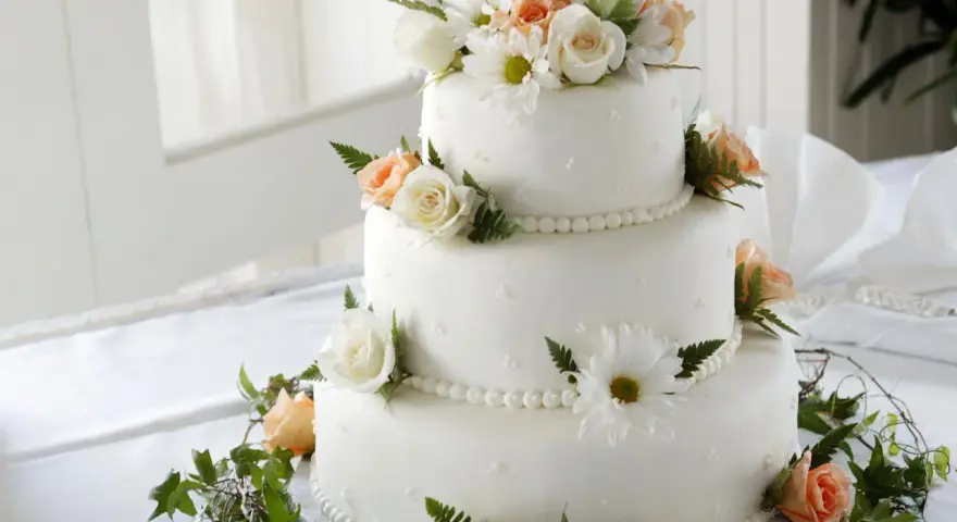 Elegancki tort weselny ozdobiony białymi i brzoskwiniowymi różami, margaretkami i zielonymi liśćmi. Piękne, jakie żywe kwiaty na tort!