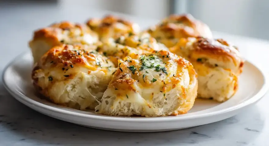 Puszyste bułki z airfryer, z ciągnącym się serem i ziołami, wyglądają apetycznie.