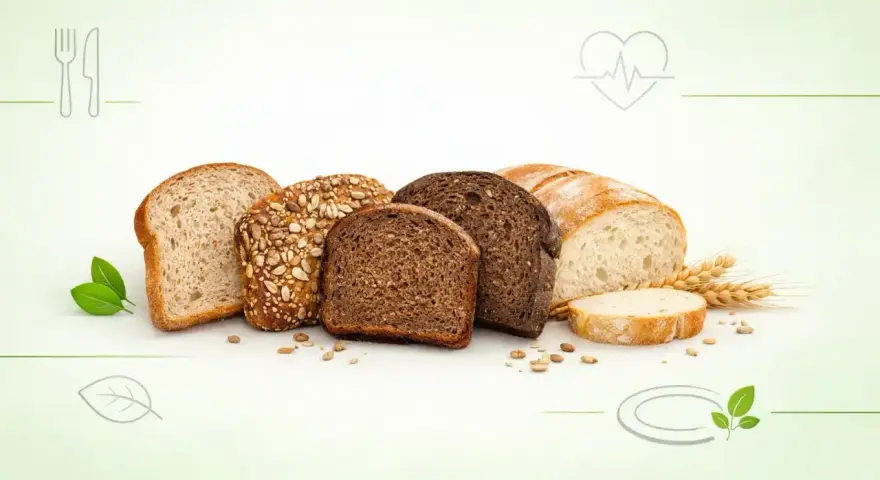 Różnorodne bochenki i kromki chleba, w tym chleb witalny z ziarnami, na jasnym tle z symbolami zdrowia i natury.
