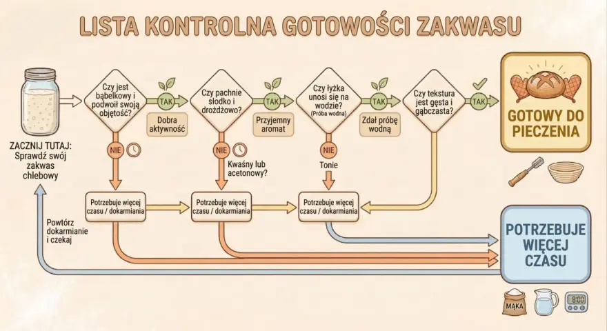 Schemat kontroli zakwasu chlebowego. Sprawdź, czy jest bąbelkowy, pachnie drożdżowo i unosi się na wodzie. Jeśli nie, potrzebuje więcej czasu na dokarmianie.