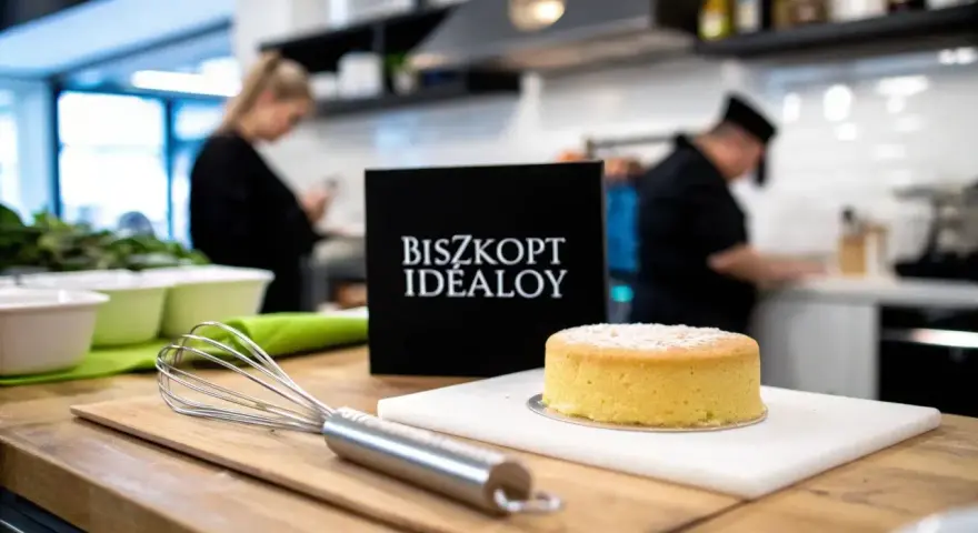 Idealny biszkopt maślany, gotowy do dekoracji. Obok trzepaczka i czarna tabliczka z napisem "BISZKOPT IDEALOY".