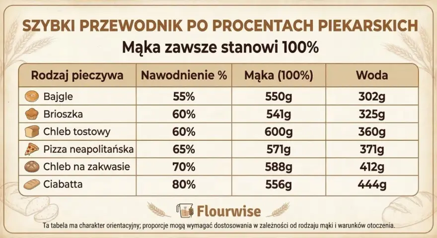 Tabela pokazuje, ile zakwasu na kilogram mąki potrzeba do wypieku bajgli, brioszek, chleba tostowego, pizzy neapolitańskiej, chleba na zakwasie i ciabatty.