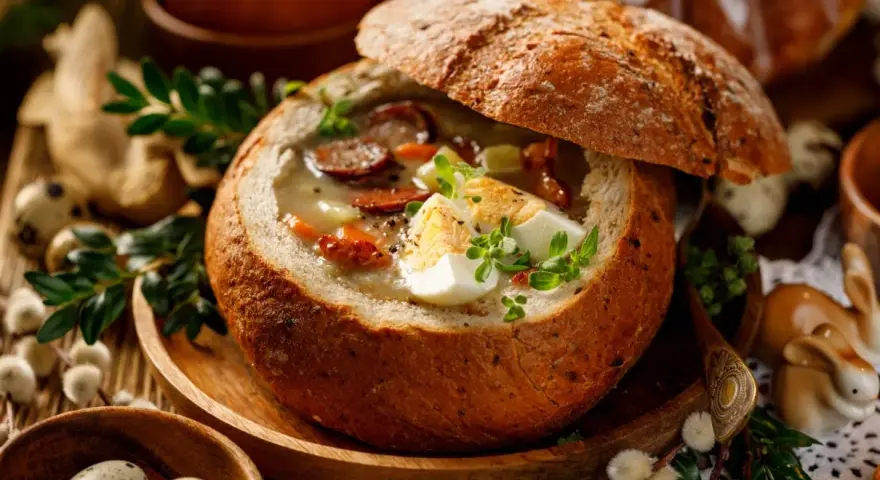 Pyszny żurek podany w wydrążonym bochenku chleba, z kiełbasą, jajkiem i ziołami. Idealny chleb do żurku na Wielkanoc.