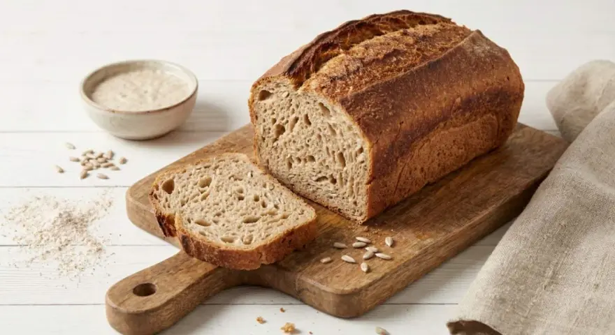 Chleb żytnio orkiszowy na drewnianej desce, obok miseczka z zakwasem i garść słonecznika.