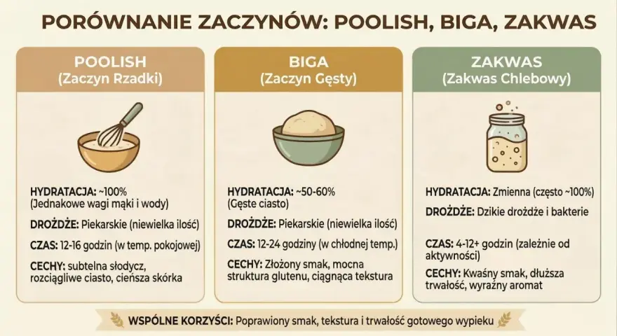 Porównanie zaczynów: poolish, biga, zakwas. Dowiedz się, jakie drożdże do chleba wybrać, by uzyskać najlepszy smak i teksturę wypieku.