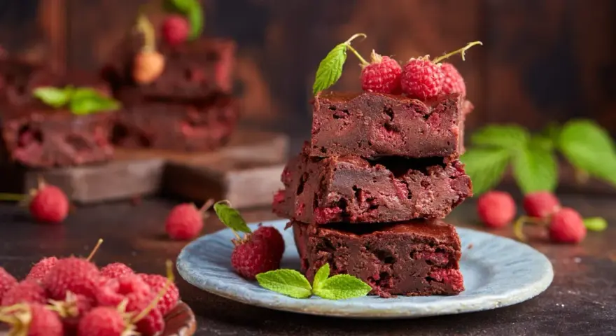 Stos pysznych brownie z malinami, ozdobiony świeżymi malinami i listkami mięty.