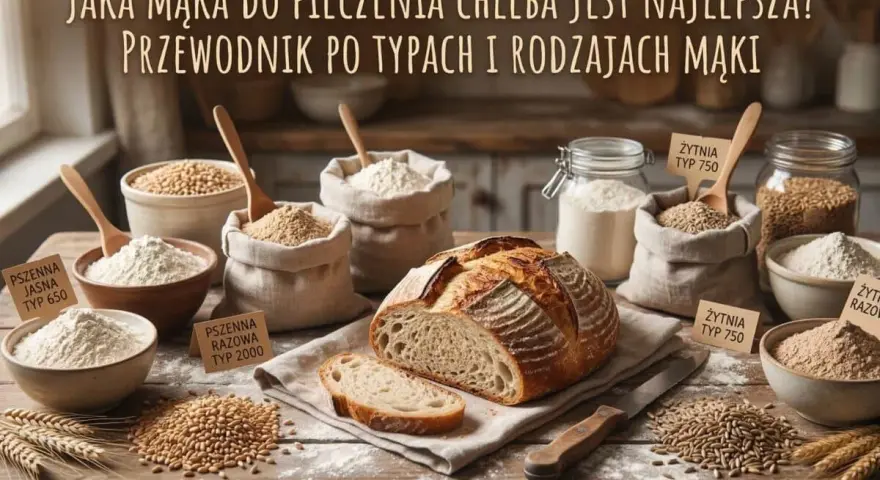 Chleb na stole, obok różne rodzaje mąki: pszenna, żytnia. Jaka mąka do chleba jest najlepsza? Przewodnik po typach i rodzajach mąki.