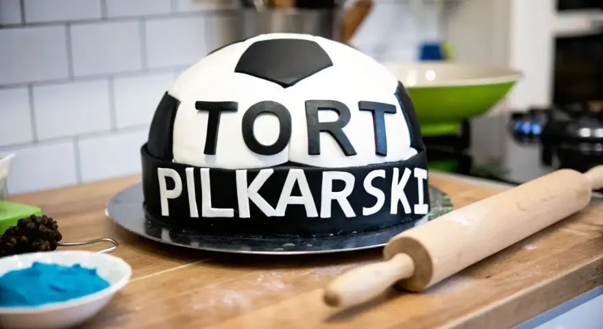 Jak zrobić piłkę z masy cukrowej? Tort w kształcie piłki nożnej z napisem "TORT PIŁKARSKI" na blacie kuchennym, obok wałek i miseczka z niebieską masą.