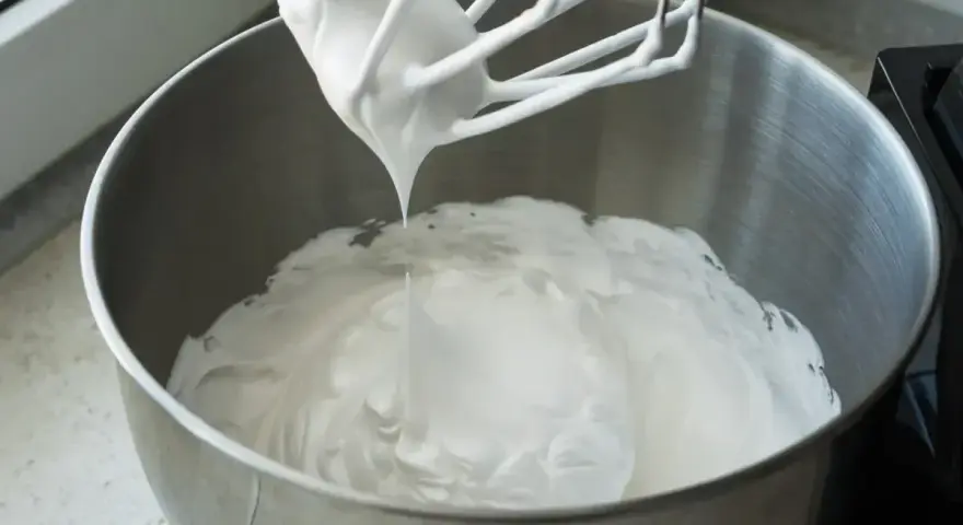 Ubita śmietana z mascarpone, idealne proporcje dla puszystego kremu. Mikser z białą masą w metalowej misie.