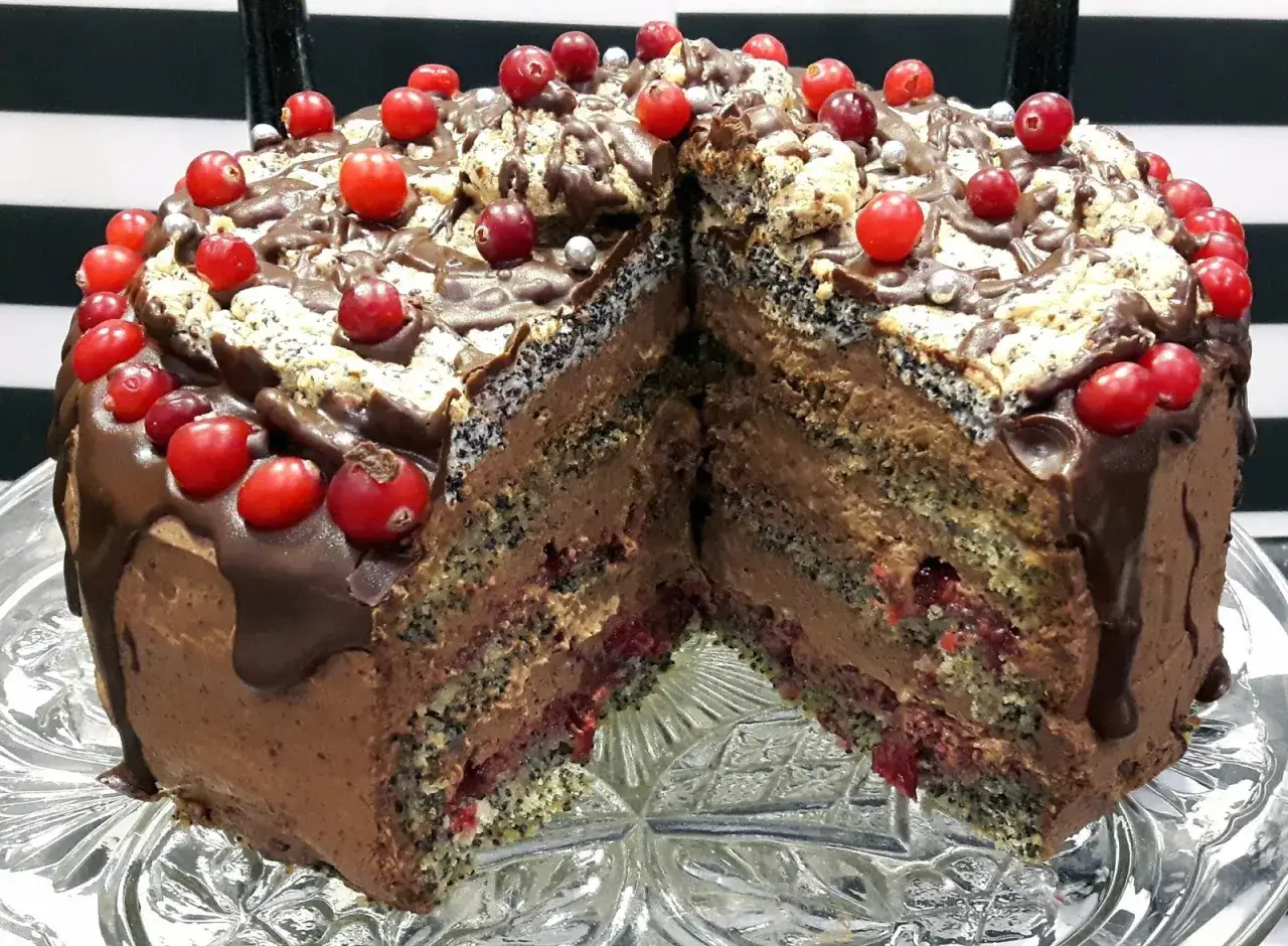 Czekoladowy tort z makiem i żurawiną, ozdobiony bakaliami i polewą. Idealny na Boże Narodzenie, inspiracja z tort na boże narodzenie przepisy.