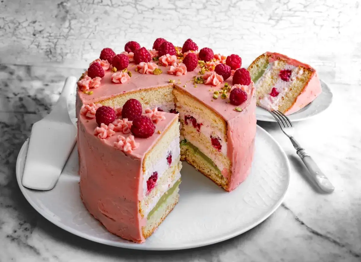 R&oacute;żowy tort z malinami i kremem malinowym, ozdobiony świeżymi owocami i pistacjami. Kawałek ciasta na talerzyku.