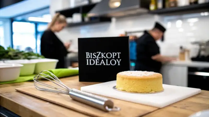 Idealny biszkopt maślany, gotowy do dekoracji. Obok trzepaczka i czarna tabliczka z napisem "BISZKOPT IDEALOY".